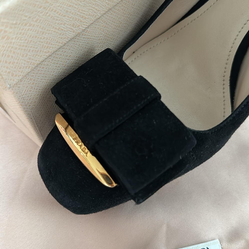 Prada black suede heels with black bow and gold detail. 5 inch heel. - Picture 2 of 6